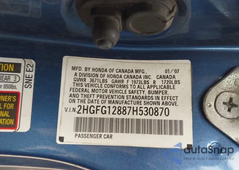 2007 Honda Civic Ex from USA, damaged, VIN 2HGFG12887H530870